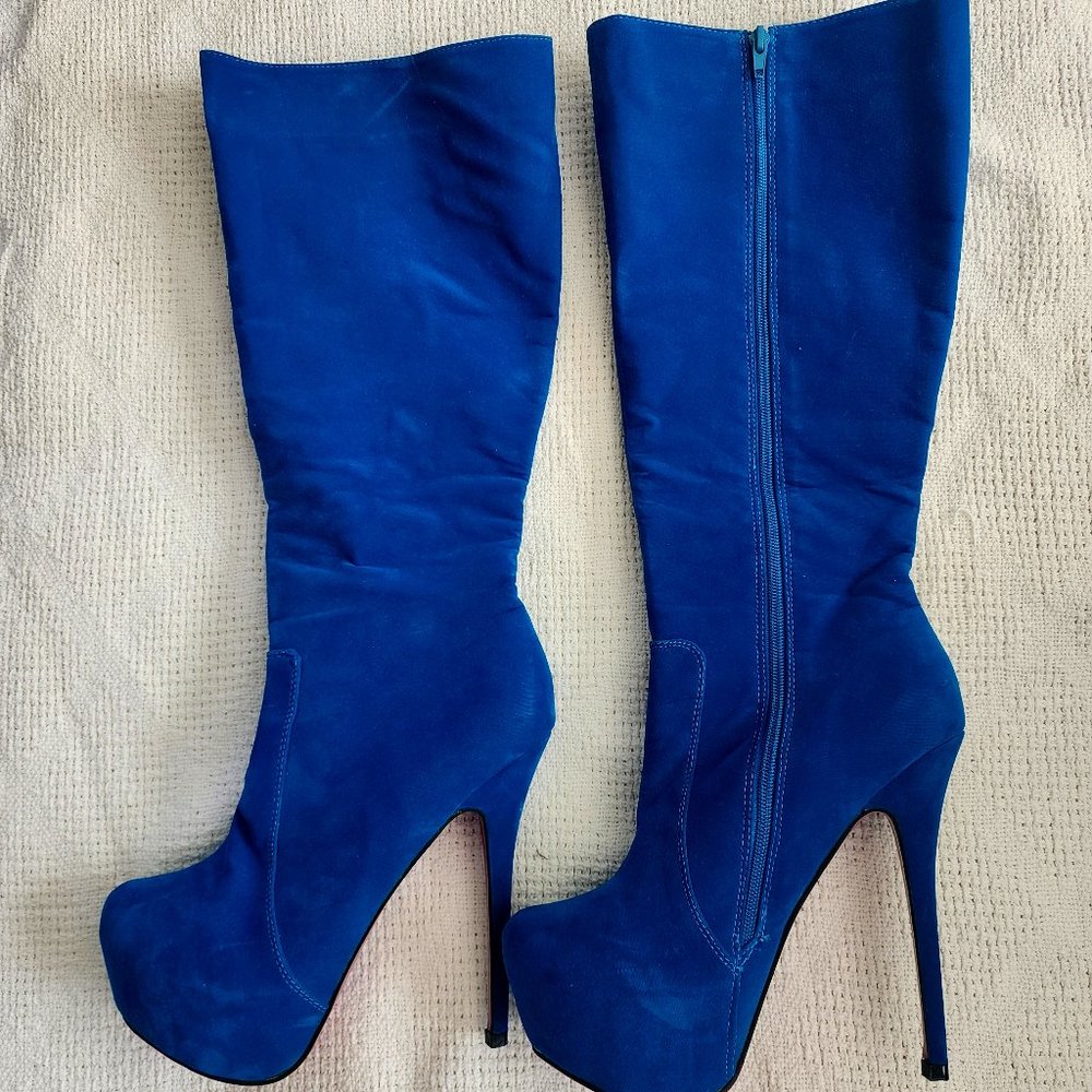 Blue faux suede high heel boots